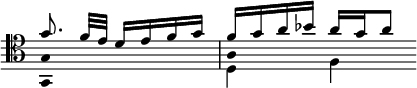  << \clef tenor \omit Score.TimeSignature
\relative f' { \set Timing.measureLength = #(ly:make-moment 2/4) g8. f32[ e] d16 e f g f g a bes a g a8 \bar "" }
\\ \relative f, { \set Timing.measureLength = #(ly:make-moment 2/4) \once \override NoteHead.duration-log = #2 g1*1/2 d'4 f \bar "" }
\\ \relative f { \set Timing.measureLength = #(ly:make-moment 2/4) \override NoteHead.duration-log = #2 g1*1/2 a \bar "" }
>> 